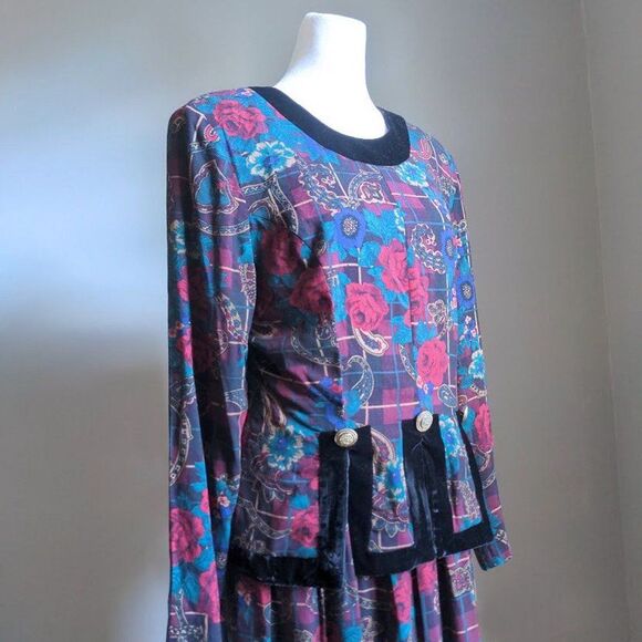Vintage 90s Melissa Harper MHM Midi Dress Rose Paisley Velvet Peplum Size 8 - Picture 3 of 9